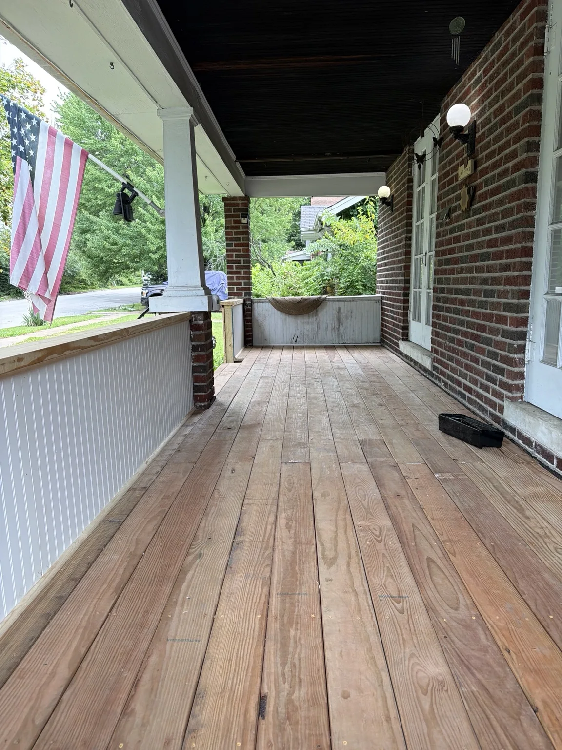 Detail view of wood porch flooring